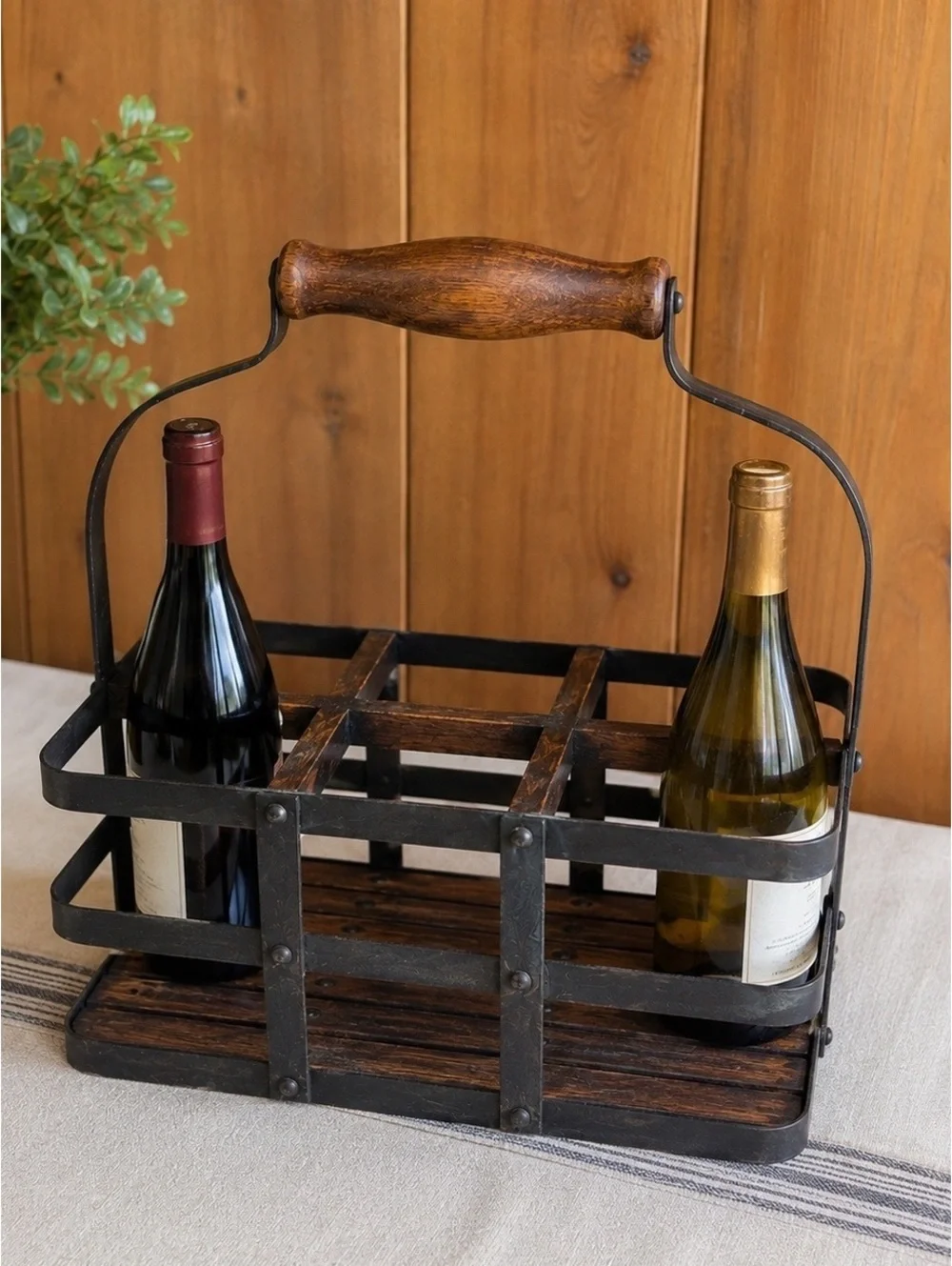 Wood Metal Bottle Caddy Wine Beer Carrier 6 Compartment Farmhouse Rustic Decor